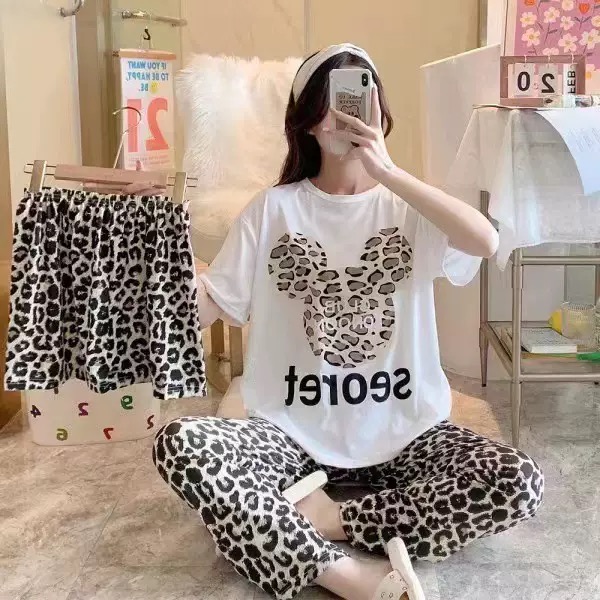 Women's 3-Piece Summer Pajama Set Short Sleeve Top, Shorts &amp; Long Pants, Cartoon Print Lounge Wear, Custom Available