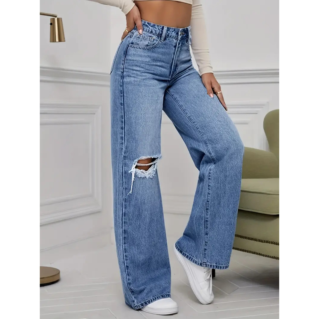 Women's High-waisted Loose Straight-leg Jeans Ripped Streetwear Light Blue Trendy Denim Trousers