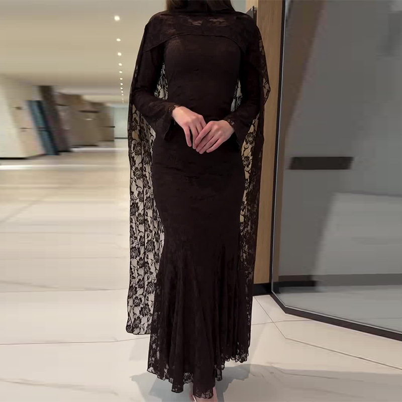 Bulk Muslim Women Lace Mermaid Abaya Dress Modest Islamic Fashion Formal Gown Sophisticated Lace Fishtail Hem Abaya Evening Gown