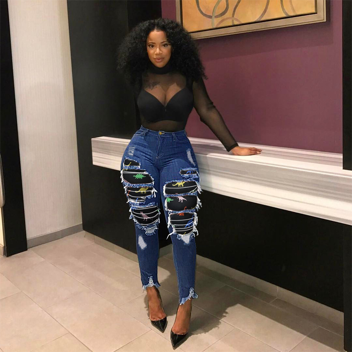 Fashion Autumn Winter Skinny Denim Plus Size Patchwork Jeans Oversized Patch Jeans Stretchy Plus Size Jeans Pants for Fat Women