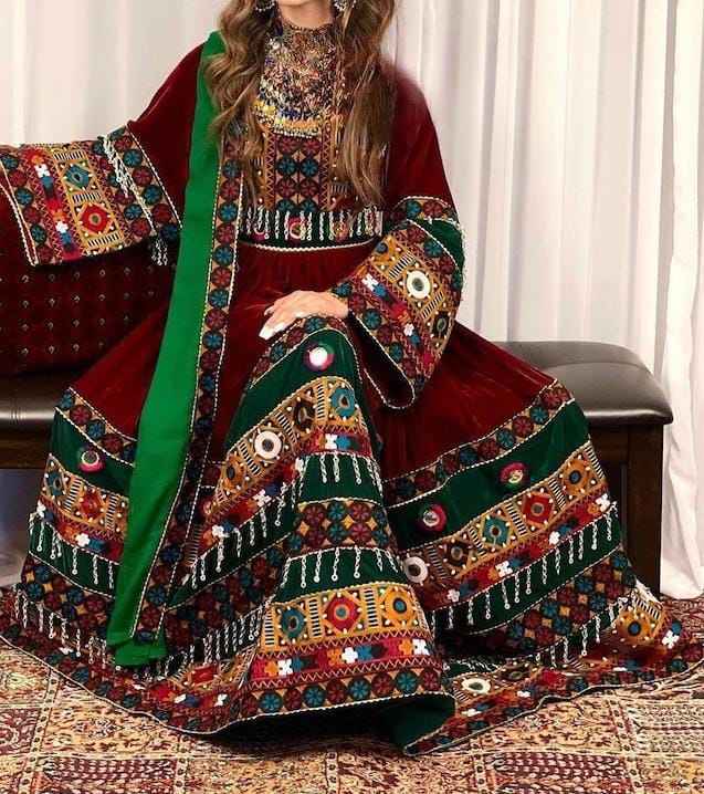 Women's Afghani Dresses Traditional Wears Floor-Length Frock Tassel Coin Mirror Works Stones Embroidery Party Wear Dresses Suits