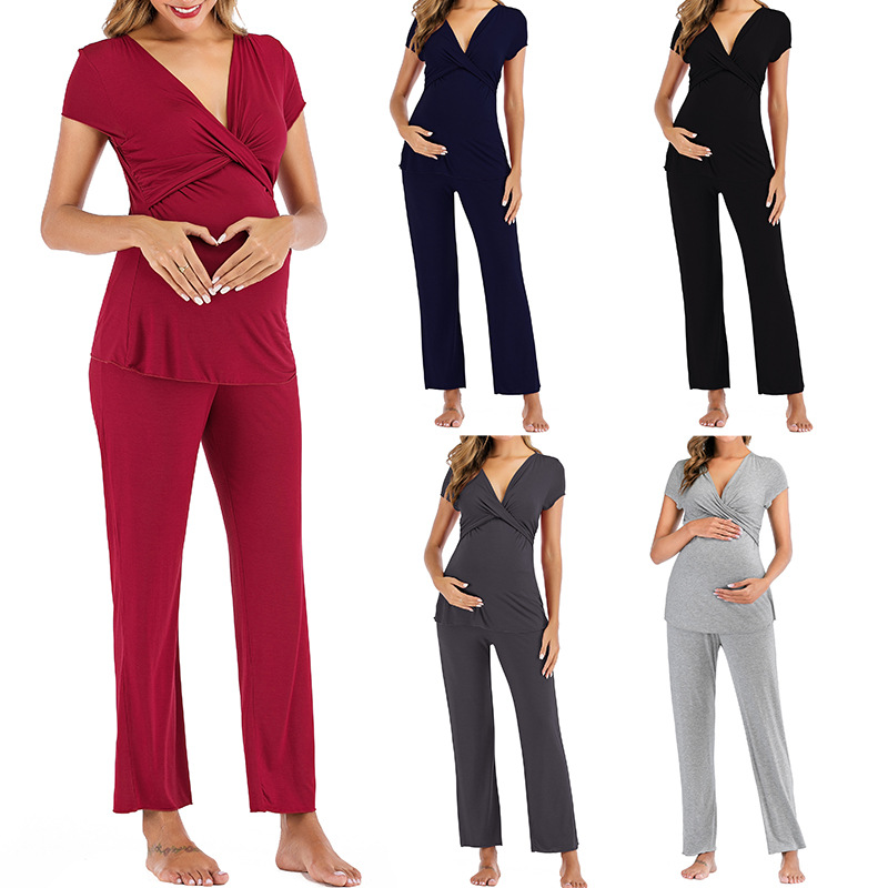 Elegant Classic Modal Nursing Homewear Maternity Pajama Set with Elastic Waist Closure Soft and Smooth for Spring and Summer