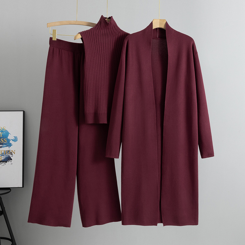Autumn Winter Casual Loose Solid Knit Wear 3 Piece Set Long Cardigan Sweaters Turtleneck Vest Wide-Leg Pants Women Knitted
