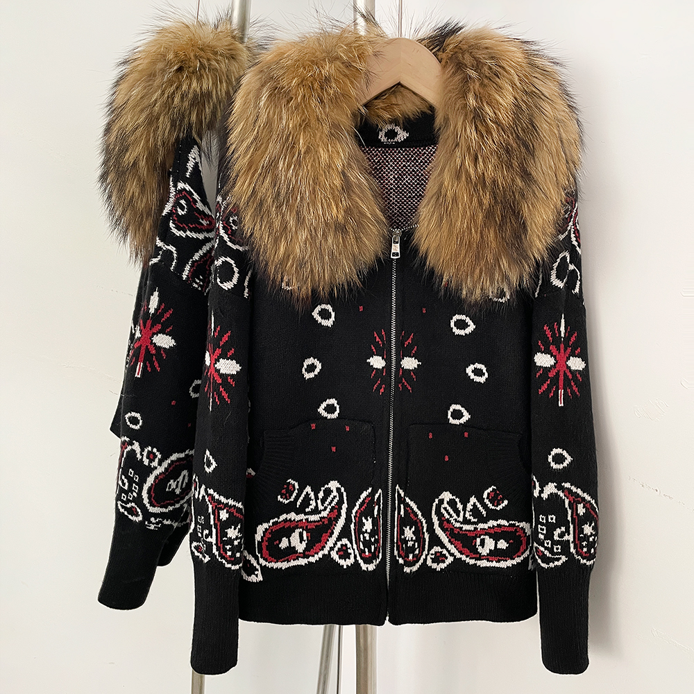 Luxurious Women's Knit Cardigan with Real Fox Fur Collar Vintage Paisley Zip-Up Sweater Jacket Warm Winter Luxury Outerwear