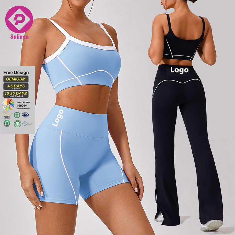 Custom Logo 3 Piece Fashion Plus Size Yoga Set Sportswear Crop Top Yoga Active Wear Long Gym Fitness Sets For Women