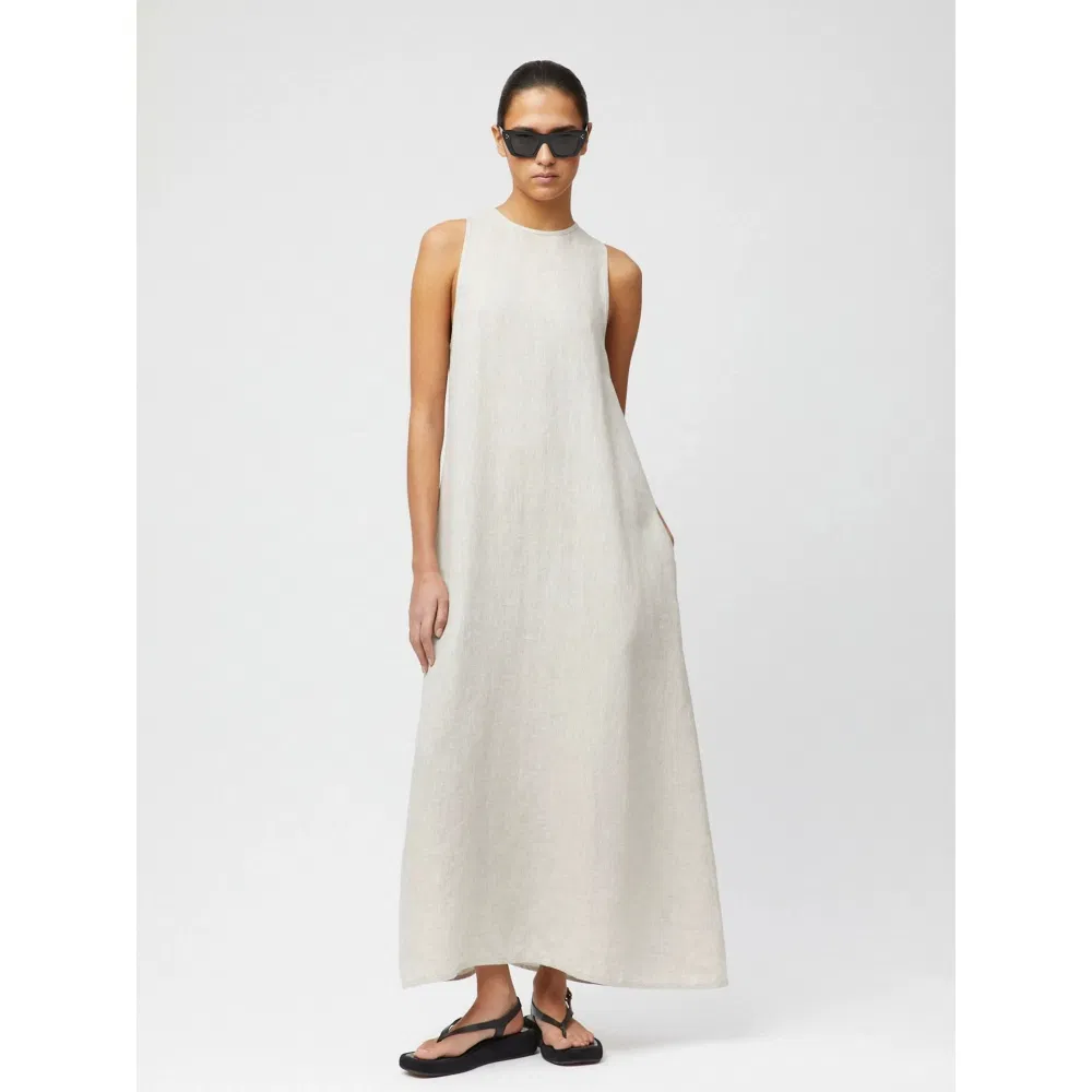 Luxury Women Wholesale Custom Linen Dress French Resort Style Round Neck Long Dress Tank Top Beach Dress Loose Fit Ladies Apparel Factory Direct Wear Garment