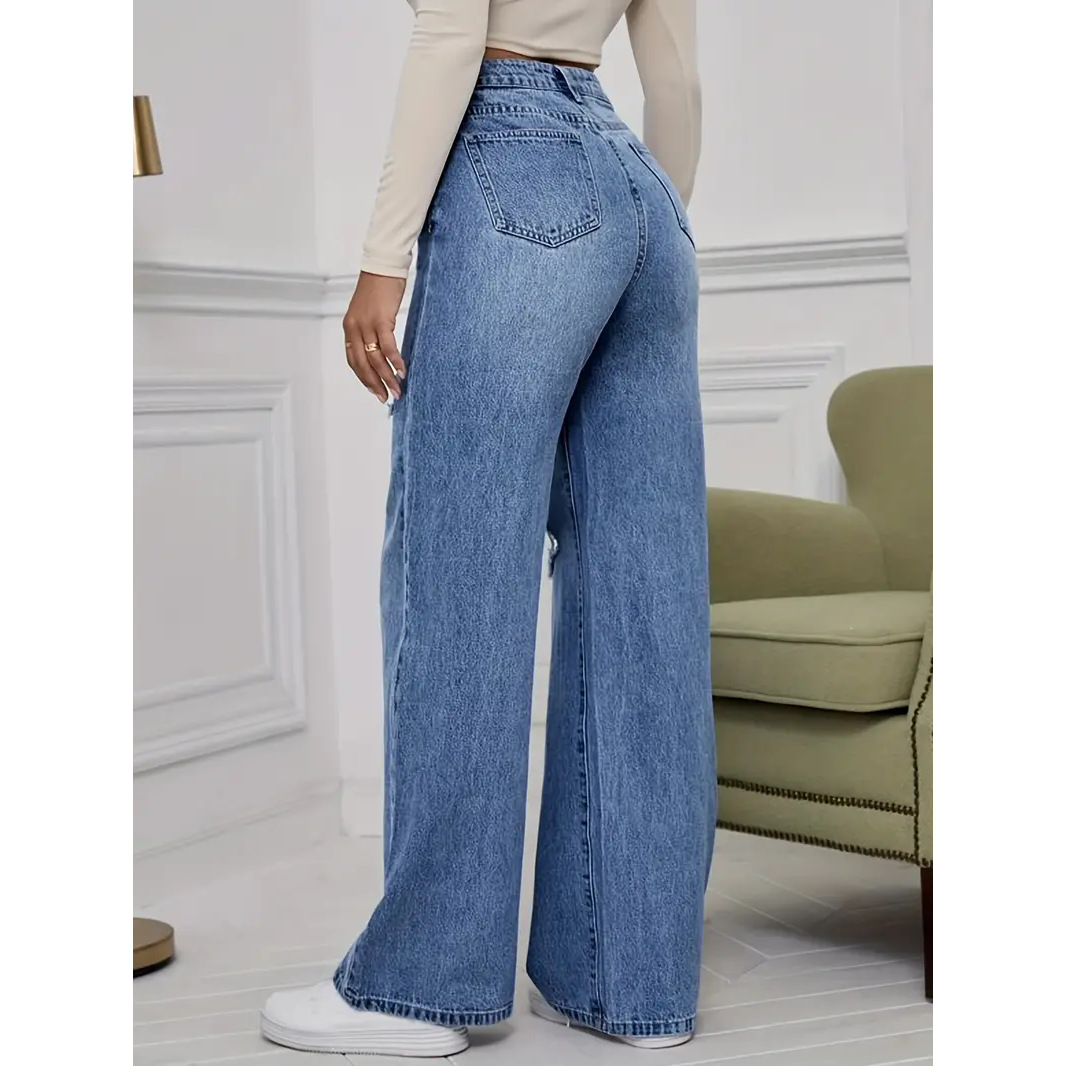 Women's High-waisted Loose Straight-leg Jeans Ripped Streetwear Light Blue Trendy Denim Trousers