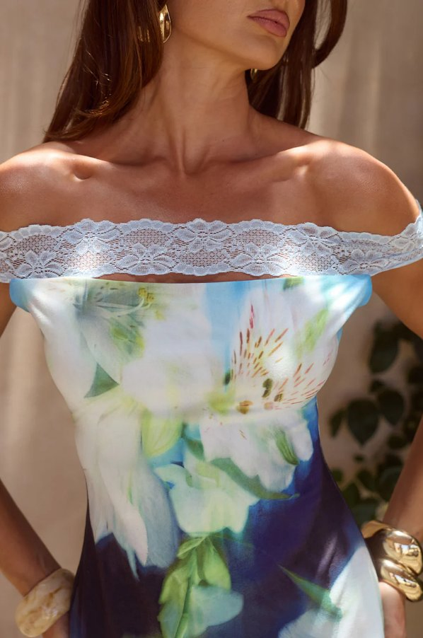 Ladies Resort Wear Dress, Floral Print Lace Trim off Shoulder Asymmetrical Hem Mini Dress
