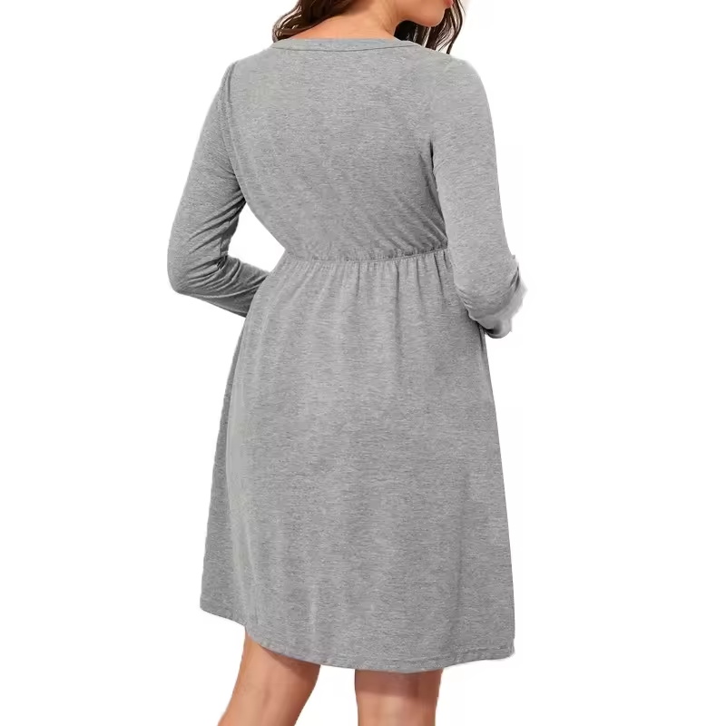 Organic Cotton Long Sleeve Maternity Dress V-Neck Button Front Breathable Knitted Summer Pajama Sets