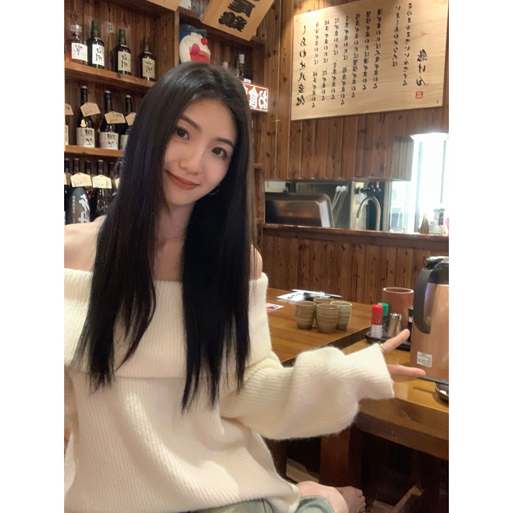 One-Character Crocheted Patchwork Anti-Wrinkle Standard Base Elegant Women's Autumn Winter Sweater Shoulder Top
