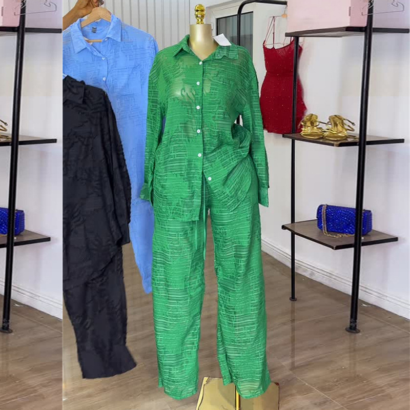Latest Design Women's Set 2025 Summer New Sweet Fresh Lapel Pocket Long Sleeve Shirt High Waist Straight Pants Two-piece Set