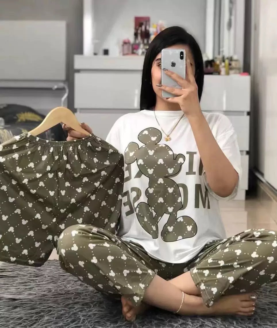 Women's 3-Piece Summer Pajama Set Short Sleeve Top, Shorts &amp; Long Pants, Cartoon Print Lounge Wear, Custom Available