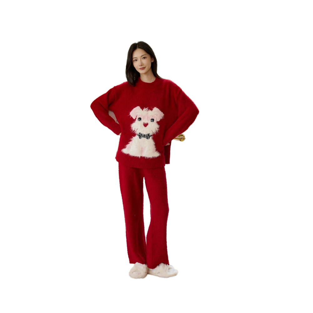 Women's Casual 2-Piece Microfiber Loungewear Soft Fluffy Knit Homewear Pajamas Elastic Waist Drawstring Solid Winter Breathable