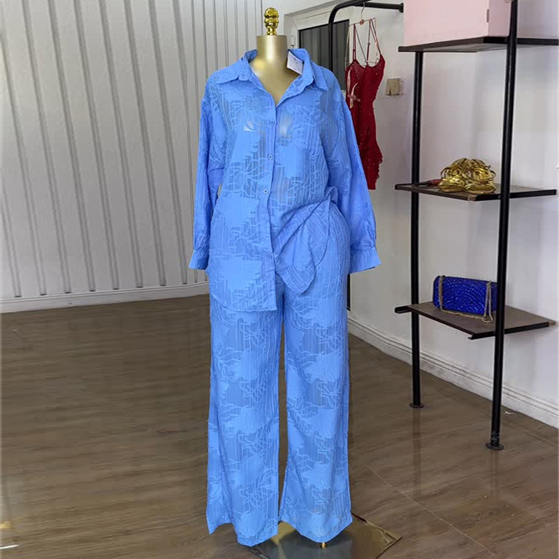 Latest Design Women's Set 2025 Summer New Sweet Fresh Lapel Pocket Long Sleeve Shirt High Waist Straight Pants Two-piece Set