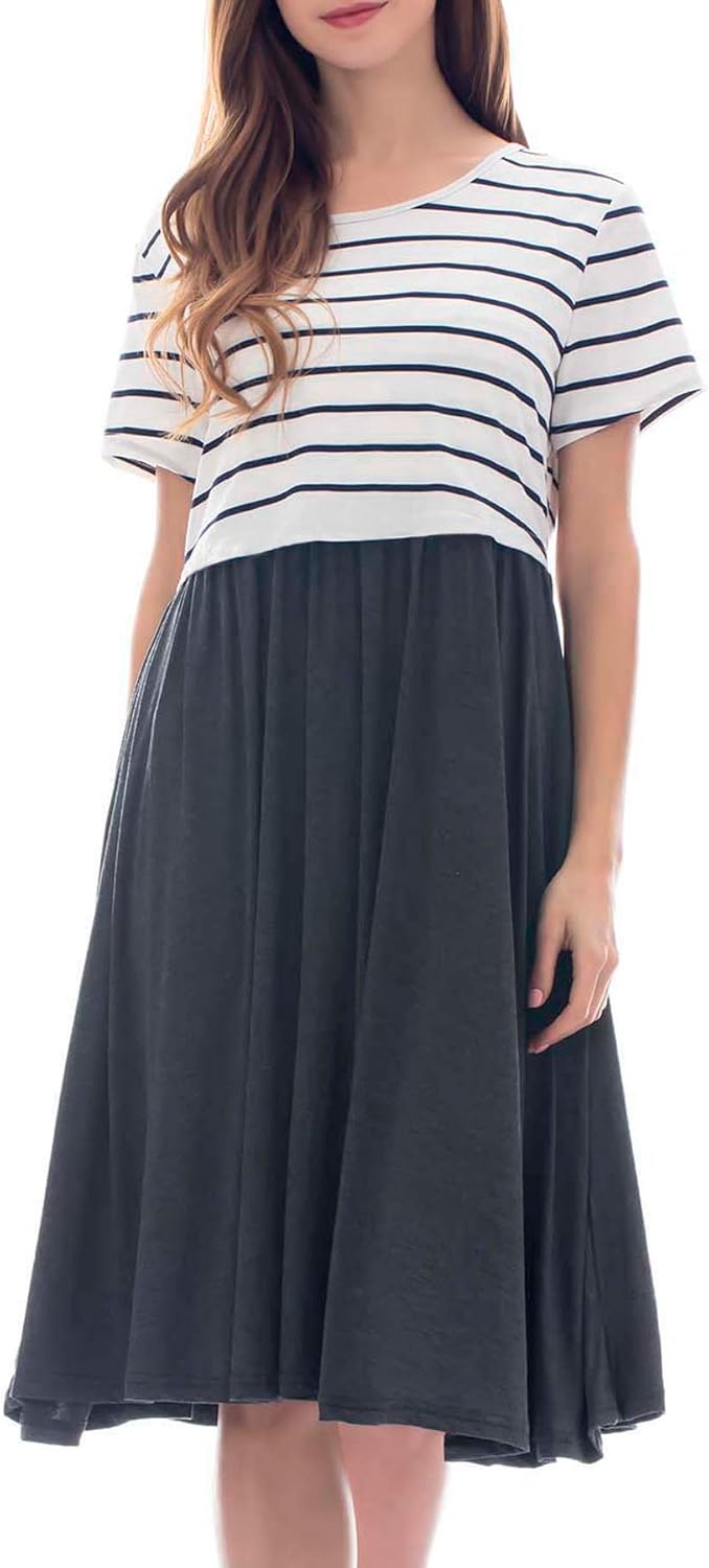 Women's Autumn Natural Waist Woven Digital Printed Eco-Friendly Striped Round Neck Short Sleeve Casual Maternity Nursing Dress