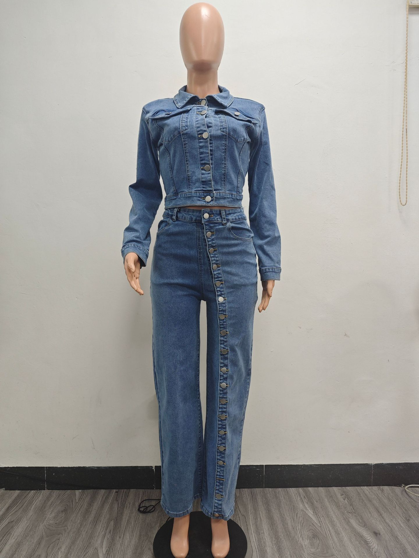 Fashion Patchwork Casual Denim 2-piece Women's Set Solid Color Single-breasted Blouse and Long Denim Pants Washable
