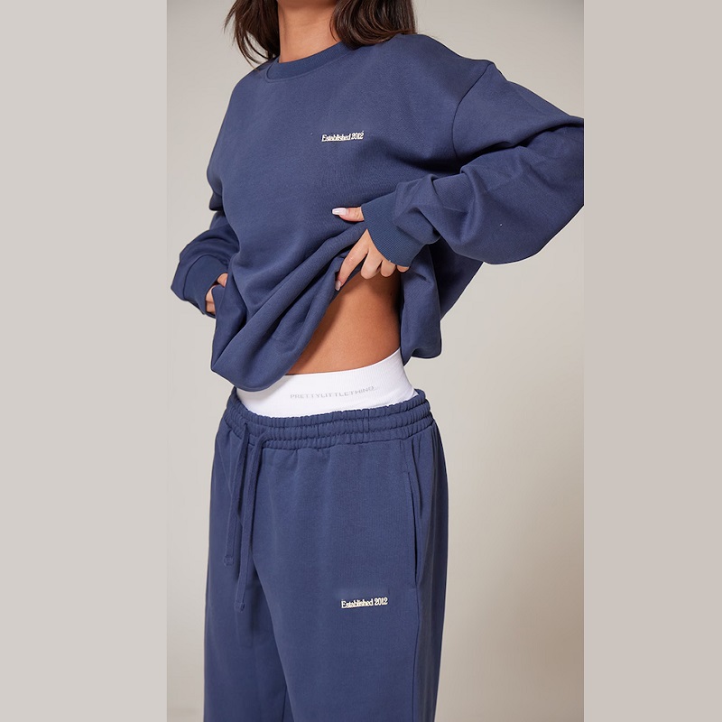 Women Navy Custom Cotton Fleece Terry Loose Lounge Jogging Pants Comfy Soft Drawstring Straight Leg Joggers