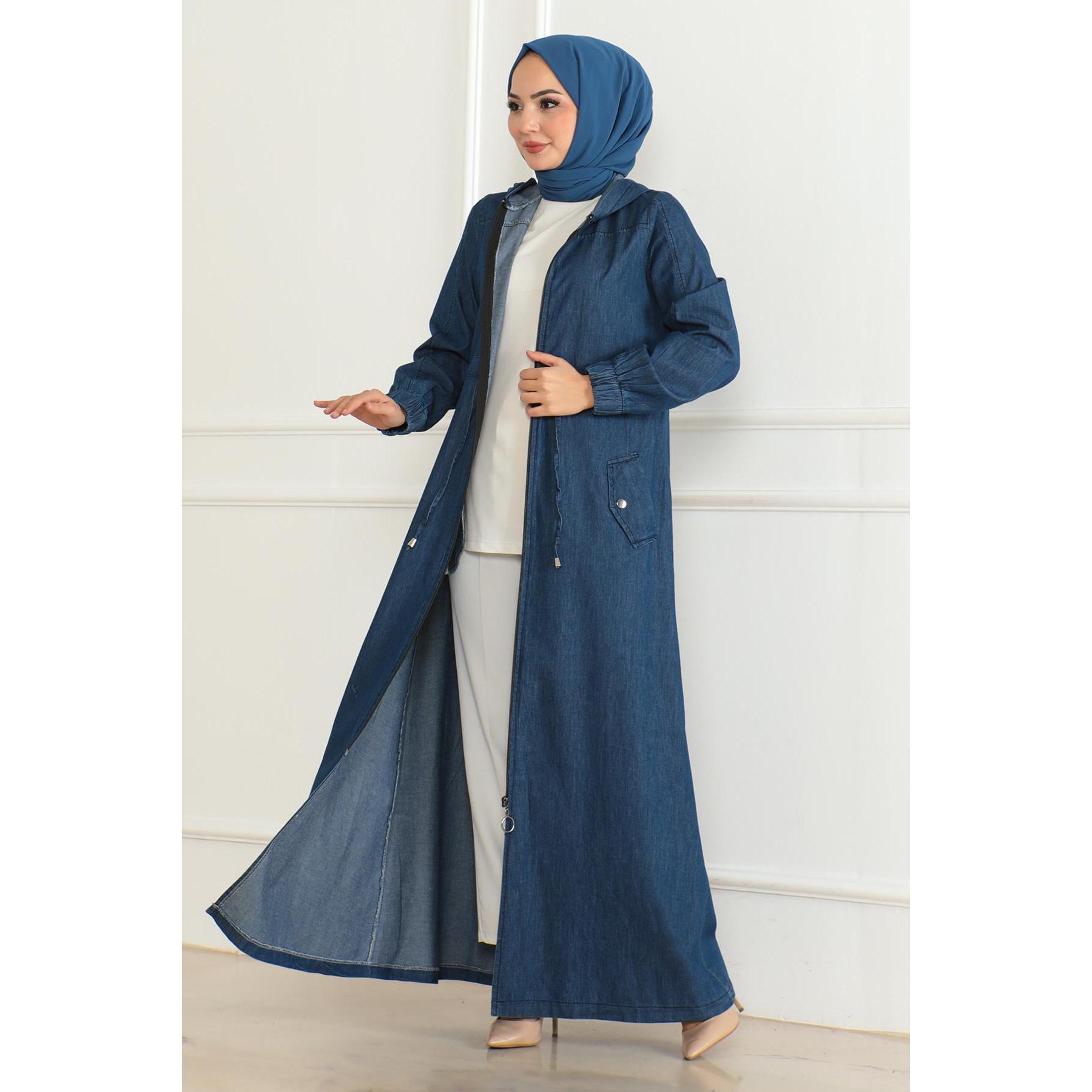Dark Blue Denim Tunic with Lace-Up Detail Modest Women's Adult Mega Merchant 34356 Woven Daily