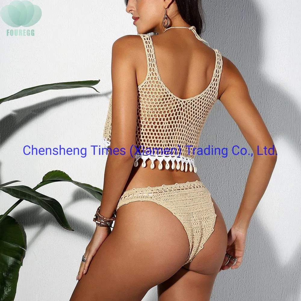 Women Hand-Woven Beach Wear Resort Modern Style Solid Color Linen Swimming Wear