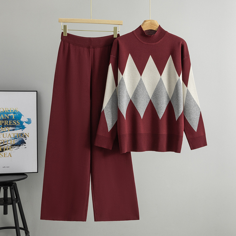 Diamond-Patterned Loose Fit Half-Neck Sweater Set Women's Autumn New Elegant Anti-Wrinkle Knitwear Viscose Wide-Leg