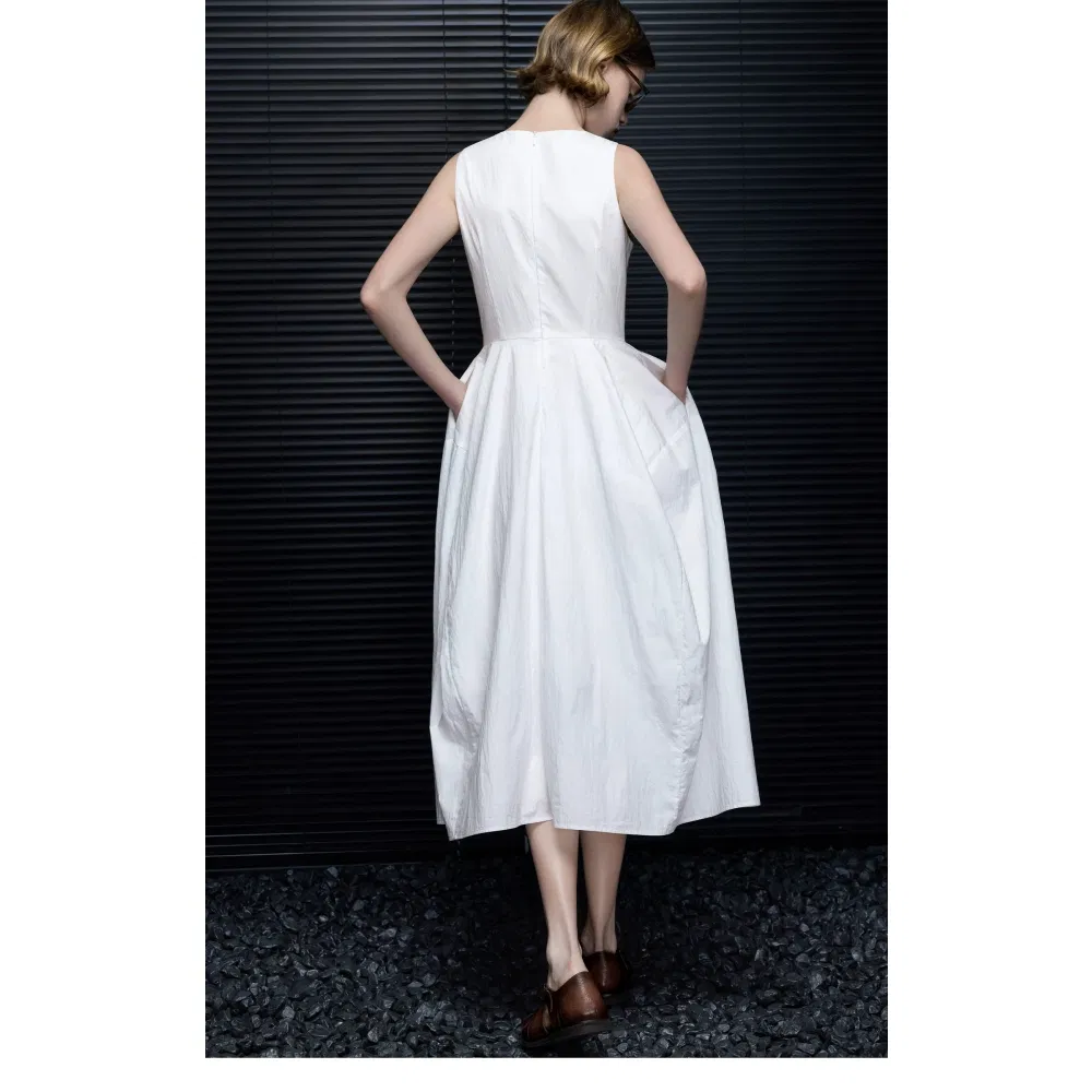 Women's Garment Wholesale Custom Cotton White Sleeveless 3D Bud Dress, Summer New Simple Versatile Business Commuter Casual Resort Wear for Export