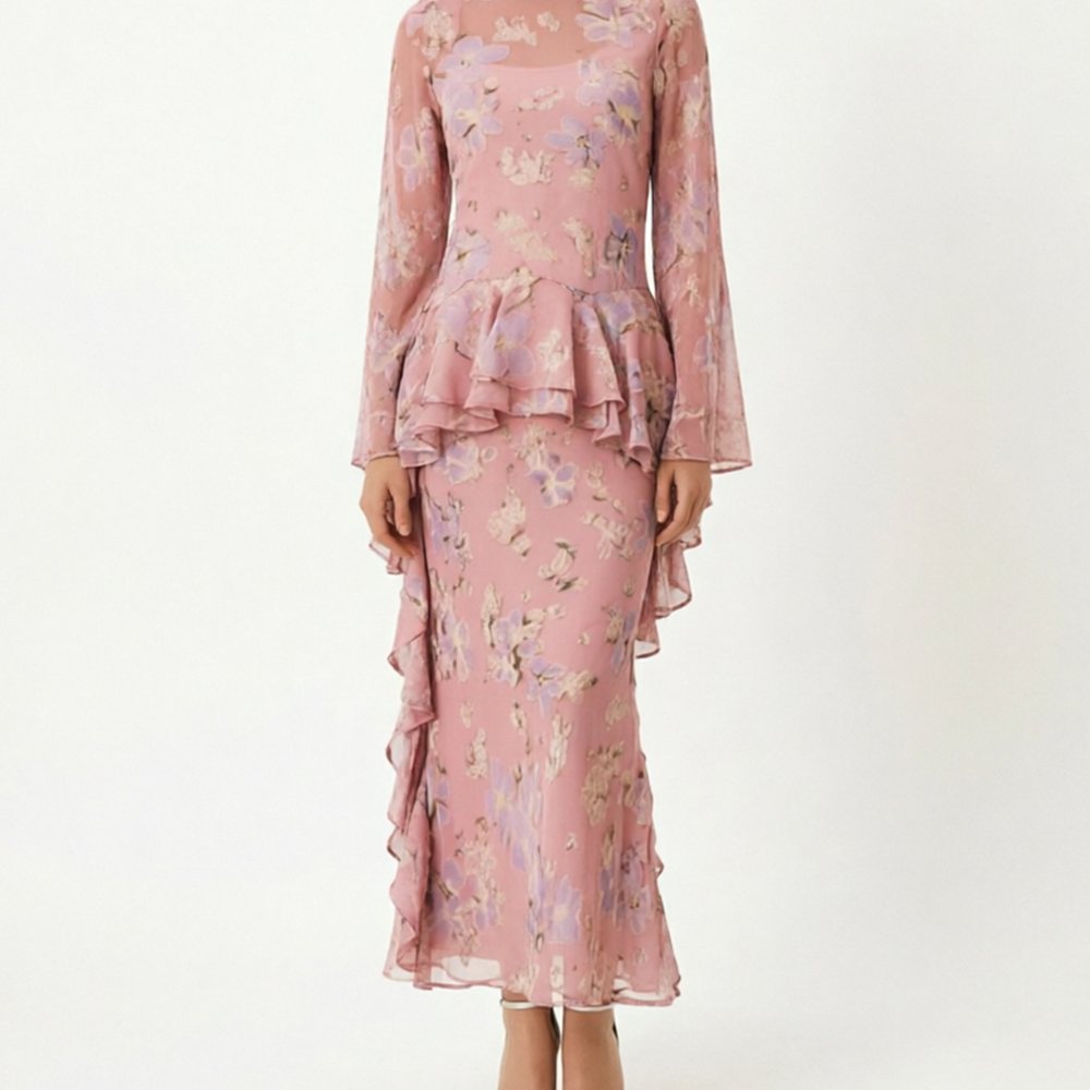 Elegant Pink Floral Ruffle Peplum Waist Long Sleeve Wedding Guest Gown, Custom Print OEM Women's Clothing Maxi Dress