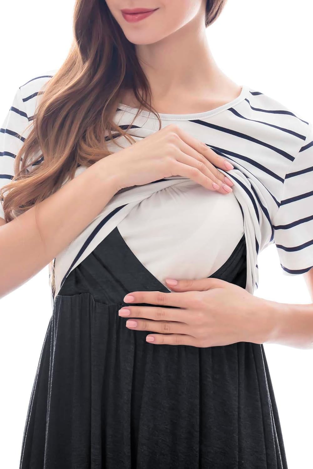 Women's Autumn Natural Waist Woven Digital Printed Eco-Friendly Striped Round Neck Short Sleeve Casual Maternity Nursing Dress