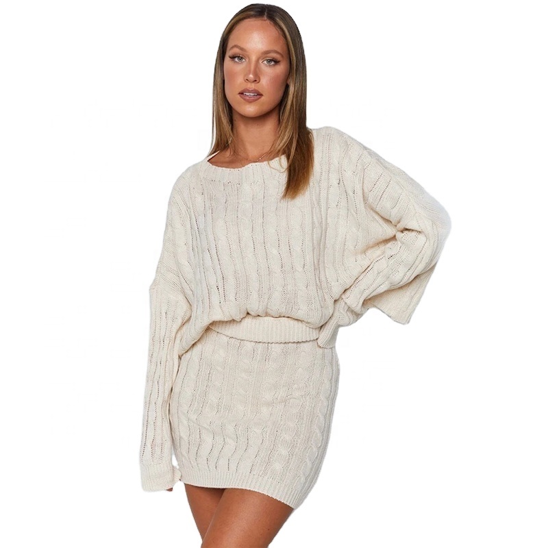 Wholesale Custom Women Knit Sweater 100%Cotton Cable 2 Sets Pieces Solid Color Crew Neck Spring High-Quality Knitwear OEM