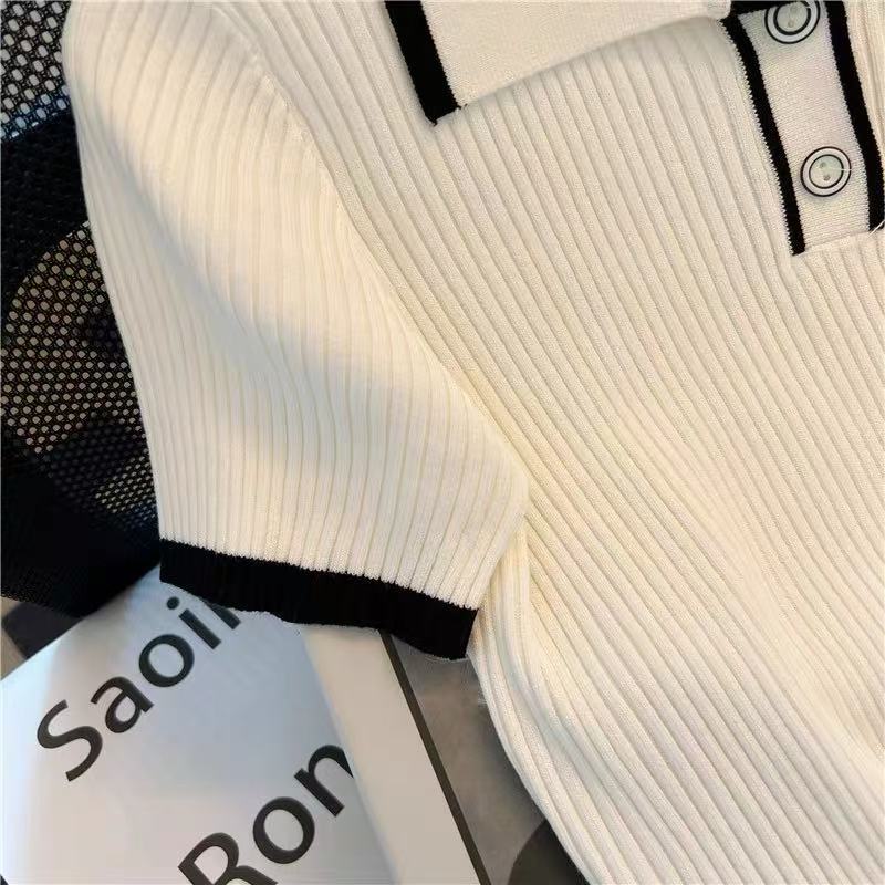 Summer New Women's Knitwear, Contrast Trim Polo Short Sleeve Slim Casual Knit Top, Versatile Commuter Women's Knitted Blouse