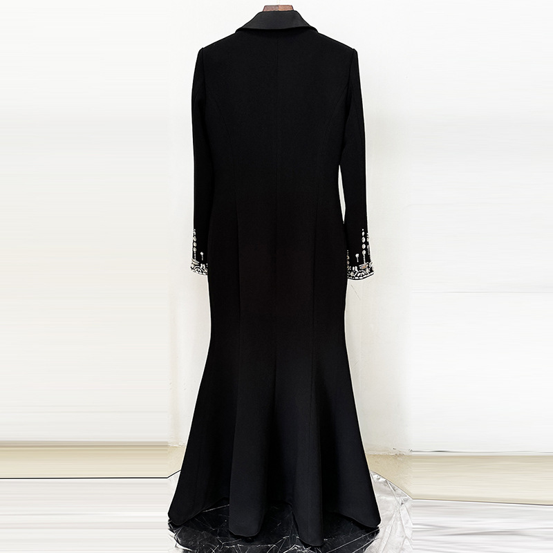 Elegant Black Slim Fit Blazer Maxi Party Dress Women Long Sleeve Beaded Crystal Embellished Formal Evening Party Gown