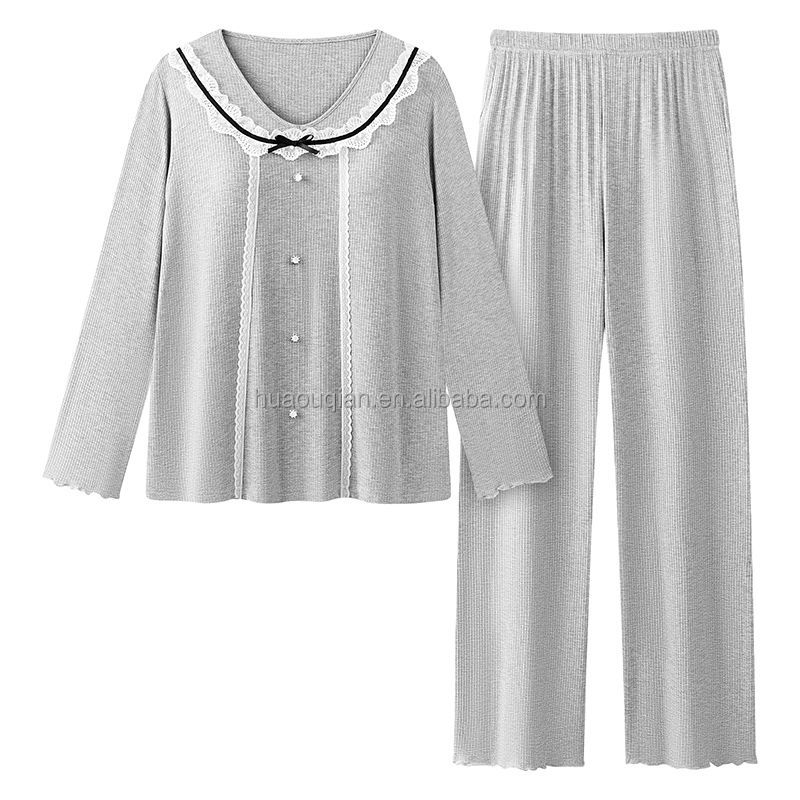2026 New Palace Style Sleepwear Women's Luxury Elegant Long Sleeved Premium Modal ODM Sweet Lace Trim Home Clothes Pajamas