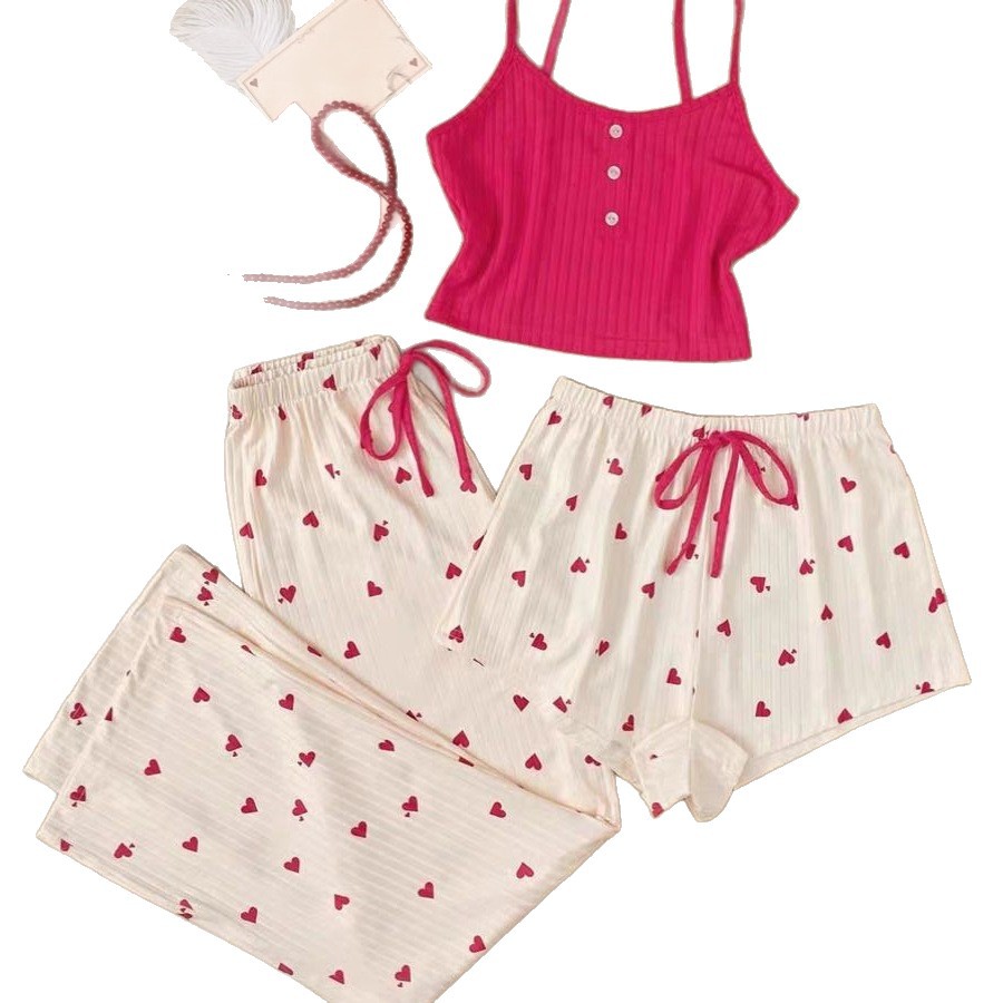 Women's Printed Tank Top Sleepwear - Three-Piece Set - Tank Top Printed Shorts Sleepwear Set