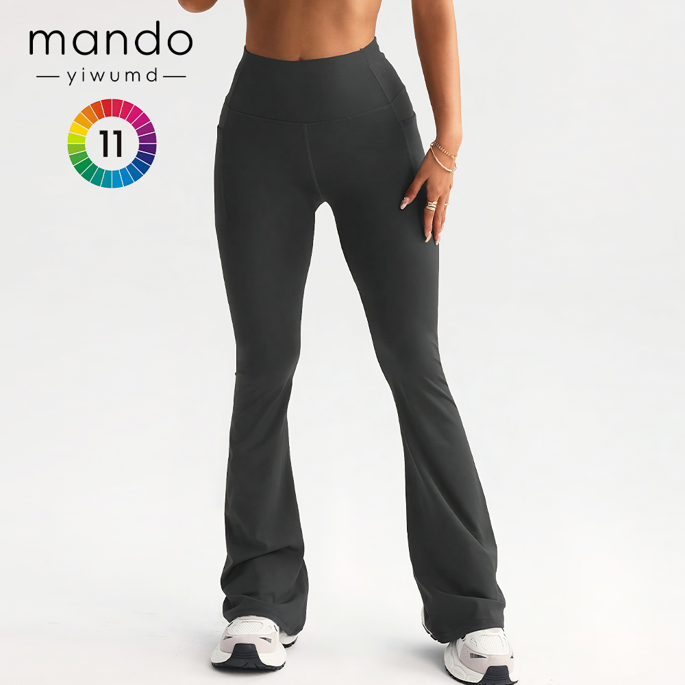 Polyester Spandex Side-Pocket Wide-Leg Pants Women's High-Waisted Fitness Yoga Flare Leggings With Pockets