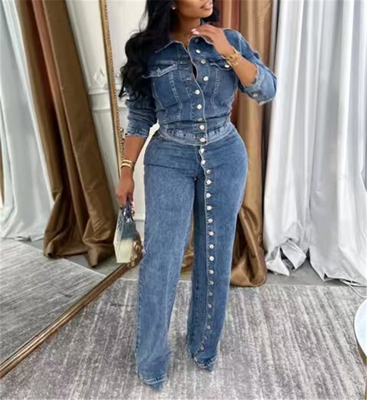 Fashion Patchwork Casual Denim 2-piece Women's Set Solid Color Single-breasted Blouse and Long Denim Pants Washable