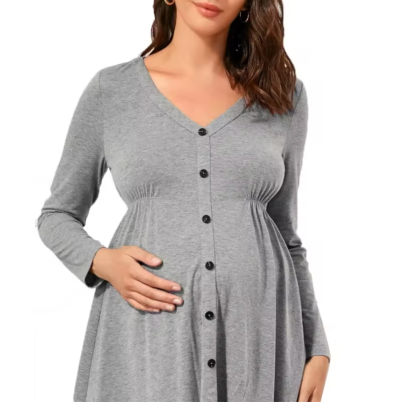 Organic Cotton Long Sleeve Maternity Dress V-Neck Button Front Breathable Knitted Summer Pajama Sets
