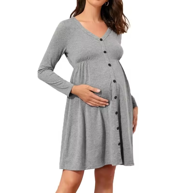 Organic Cotton Long Sleeve Maternity Dress V-Neck Button Front Breathable Knitted Summer Pajama Sets