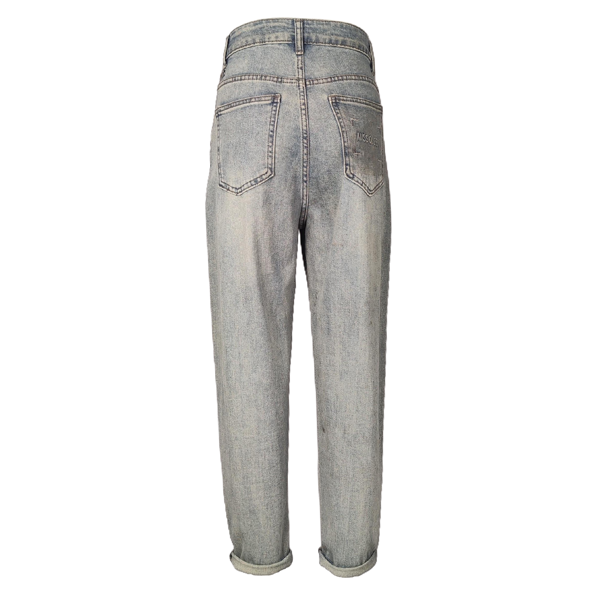 Women's Mid-Rise Ankle-Length Jeans, Rhinestone &amp; Bead Embellished, Vintage Light Wash Harem Denim Pants