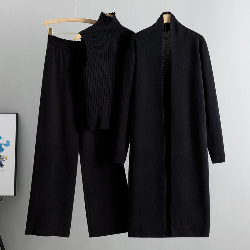 Autumn Winter Casual Loose Solid Knit Wear 3 Piece Set Long Cardigan Sweaters Turtleneck Vest Wide-Leg Pants Women Knitted