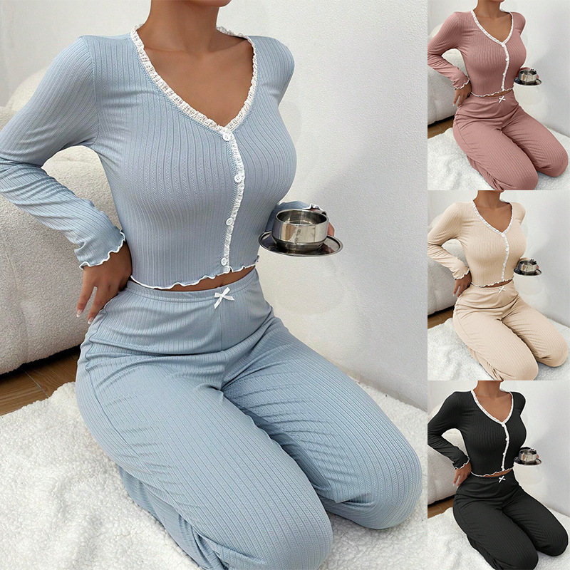 Homewear Pajamas Set for Women Long Sleeves Shirt Trousers 2 Pieces Sexy Lace Pijamas Sleepwear Loungewear