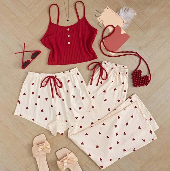 Women's Printed Tank Top Sleepwear - Three-Piece Set - Tank Top Printed Shorts Sleepwear Set