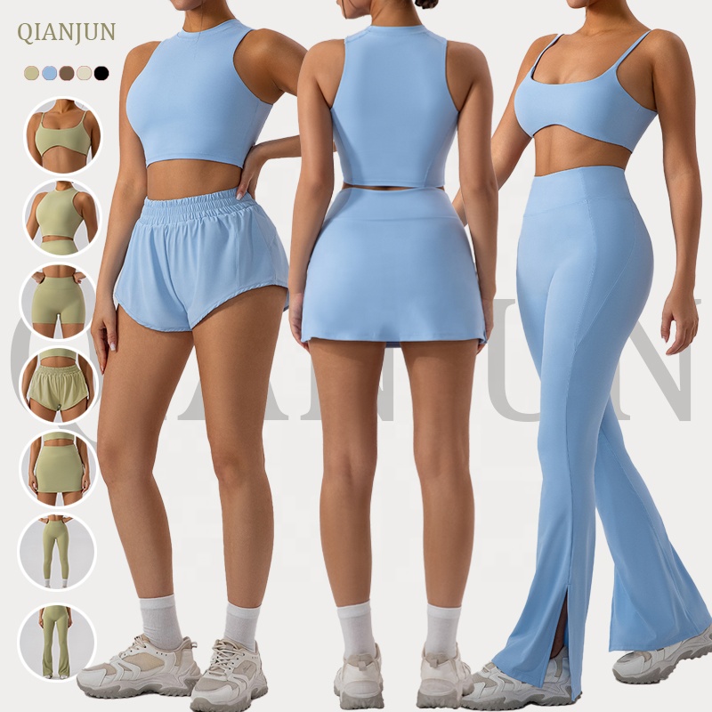 7 Piece Gym Clothing for Women Yoga Set Fitness Vest Crop Top and High Waist Leggings Workout Skirt Yoga Set