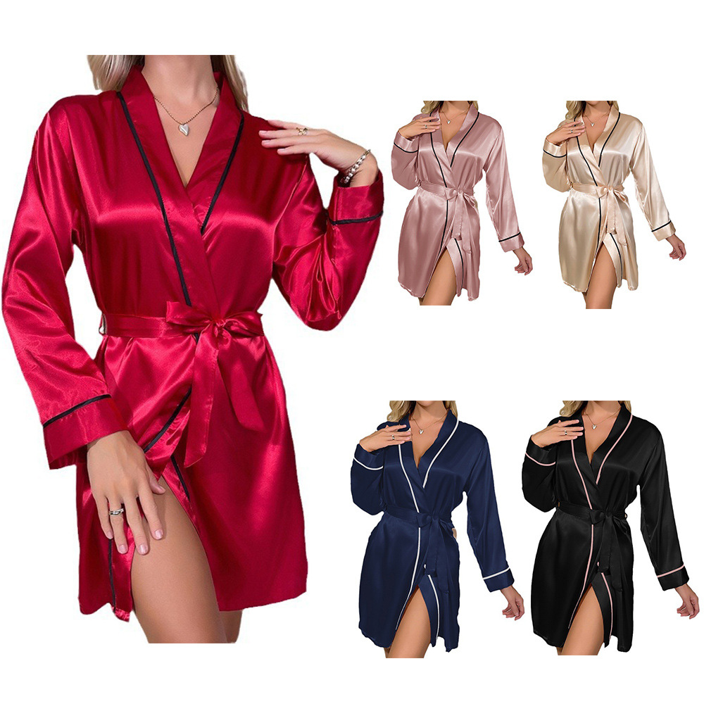 Women Luxury Open Long Robe with Waistband in Silk Elegant Pajamas in Loose Fit for Summer Breathable