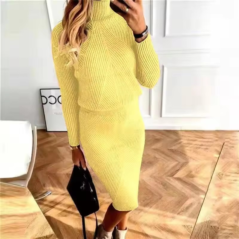 Autumn/Winter 2025 New Women's Fashion: High-Neck Knit Solid Color Pullover Sweater and Skirt Set