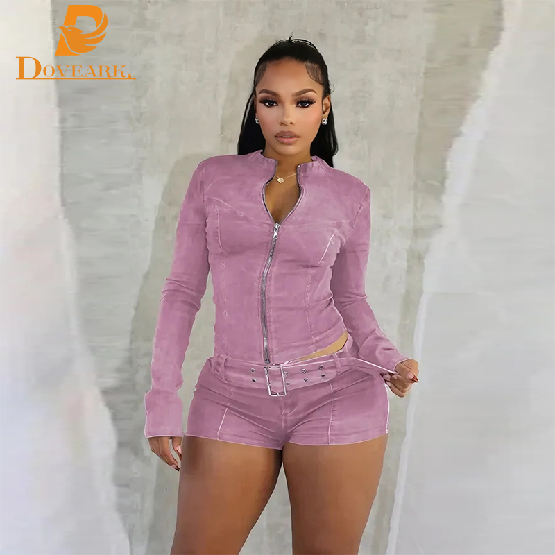 Retro Fashion Sexy Stretchy Denim Jeans Two Piece Sets for Women Slim Long Sleeve Jackets Zip Crop Top with Belt Shorts Outfits