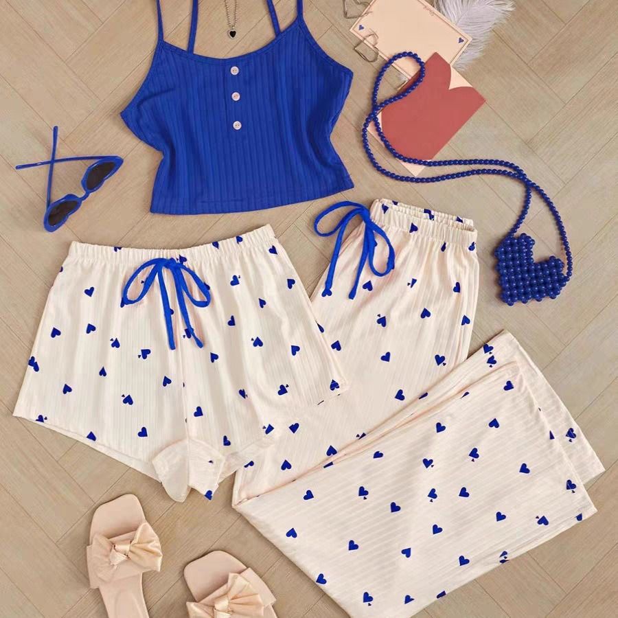 Women's Printed Tank Top Sleepwear - Three-Piece Set - Tank Top Printed Shorts Sleepwear Set