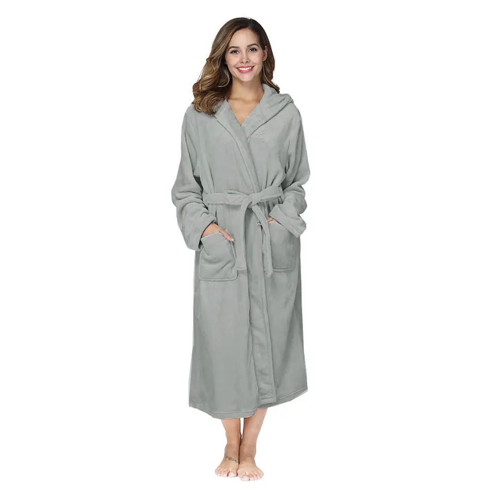 Custom Logo Women Solid Color Thickened Flannel Robe Pajamas Long Sleeve Autumn and Winter Loungewear Hooded Terry Cloth Robes