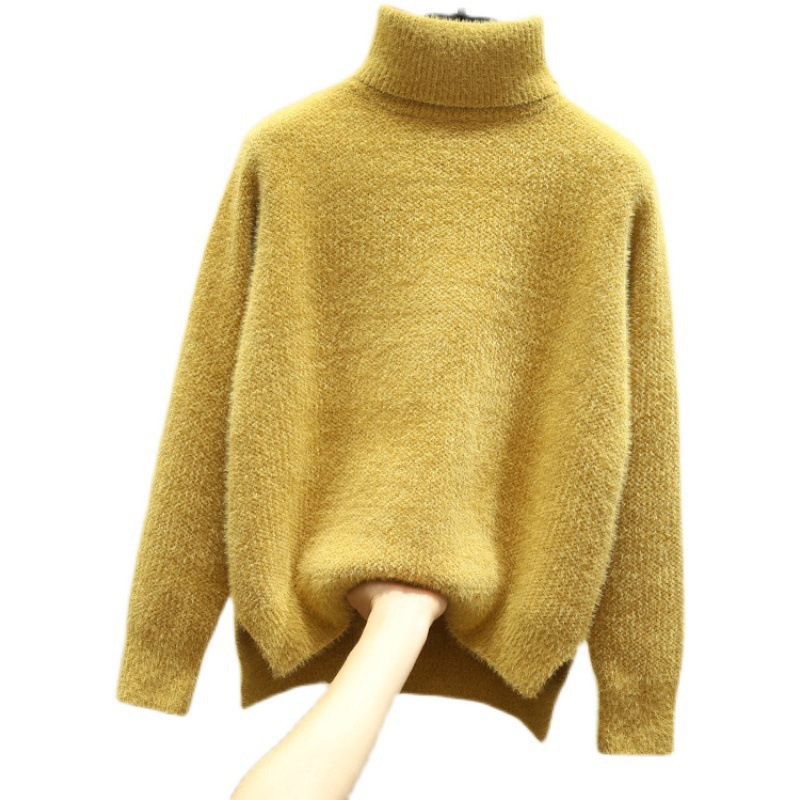 Vintage Casual Outwear Knitwear Women Winter Solid Color Thicken Pullover High Collar Turtleneck Sweater