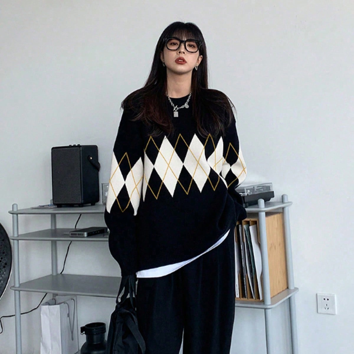 Women'S Oversized Cool Sweater Y2K Casual Long Sleeve Pullover Argyle Pattern Drop Shoulder Knitwear Top