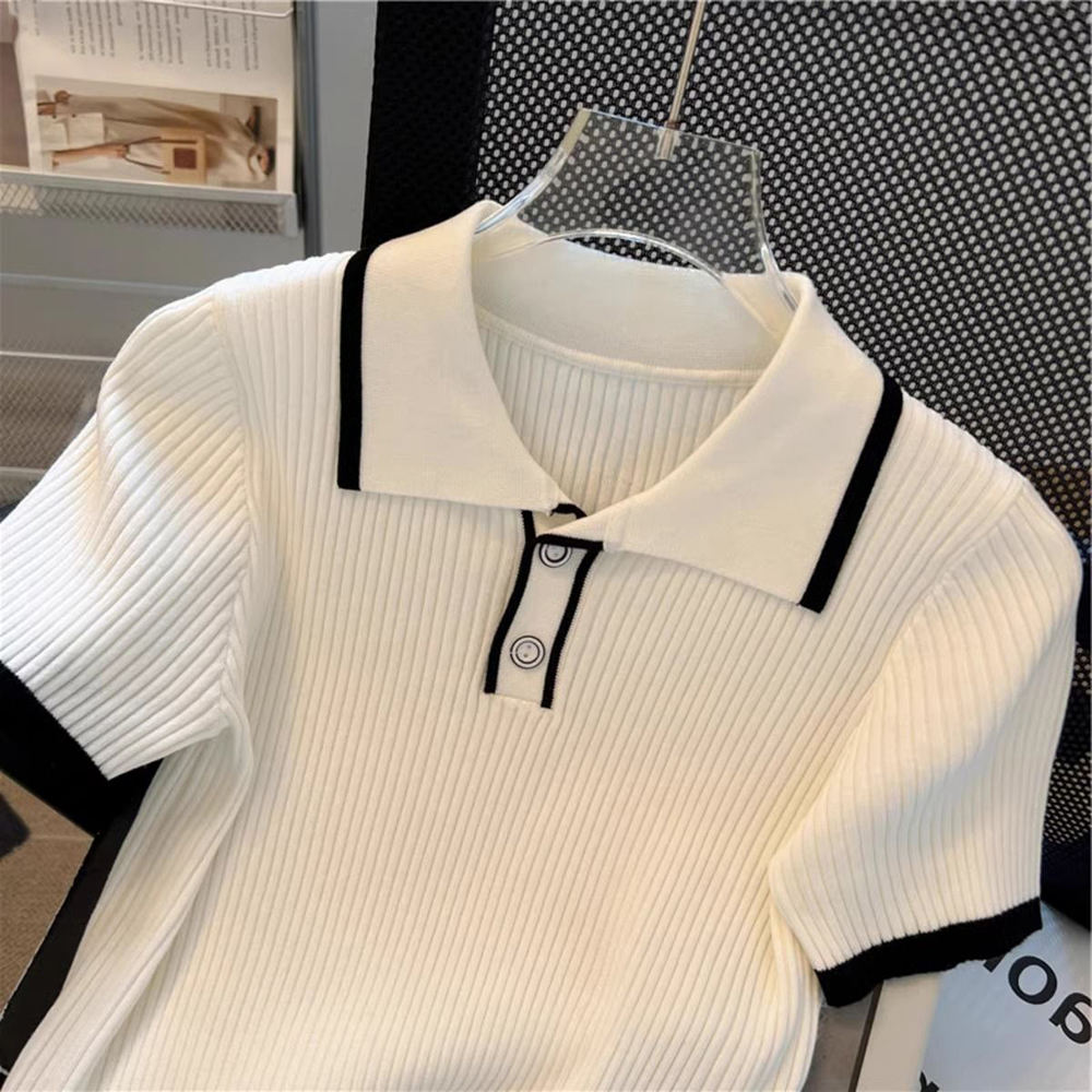 Summer New Women's Knitwear, Contrast Trim Polo Short Sleeve Slim Casual Knit Top, Versatile Commuter Women's Knitted Blouse