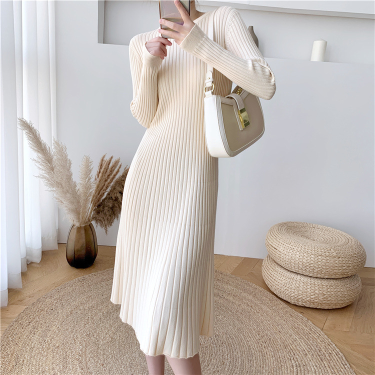 FNJIA Women's Mid-Length Slim Winter Dress Solid Color Casual Style European American Fashion with Cotton Knit Sweater Sleeves